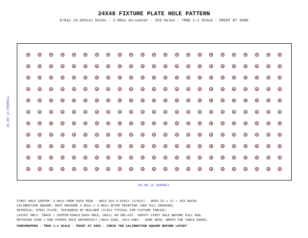 24x48 Fixture Plate Hole Pattern (5/8" holes, 2" spacing)