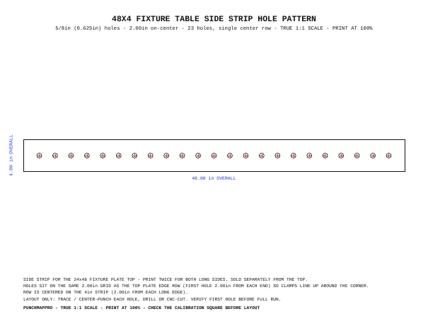 48x4 Fixture Table Side Strip Hole Pattern (5/8" holes, 2" spacing)
