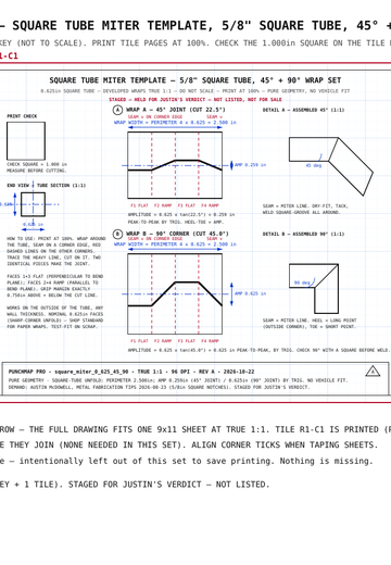 Square Tube Miter Template — 5/8" Square Tube, 45° + 90° Wrap Set