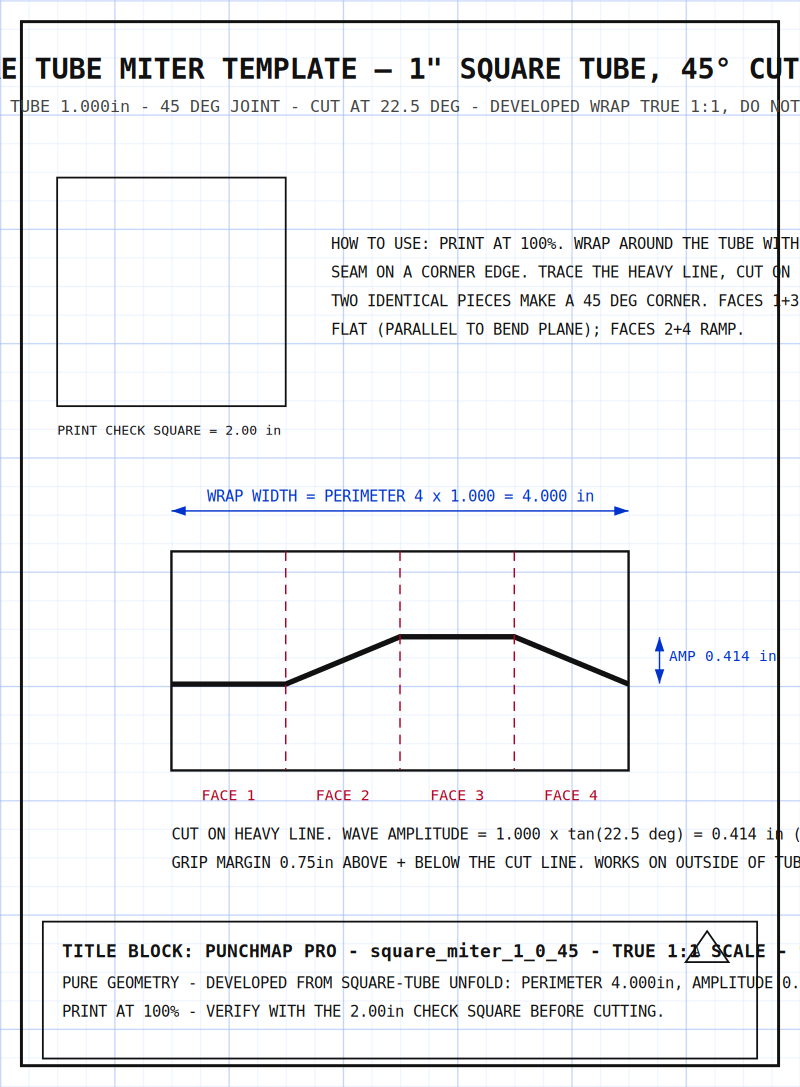 Square Tube Miter Template — 1" Square Tube, 45° Cut Wrap