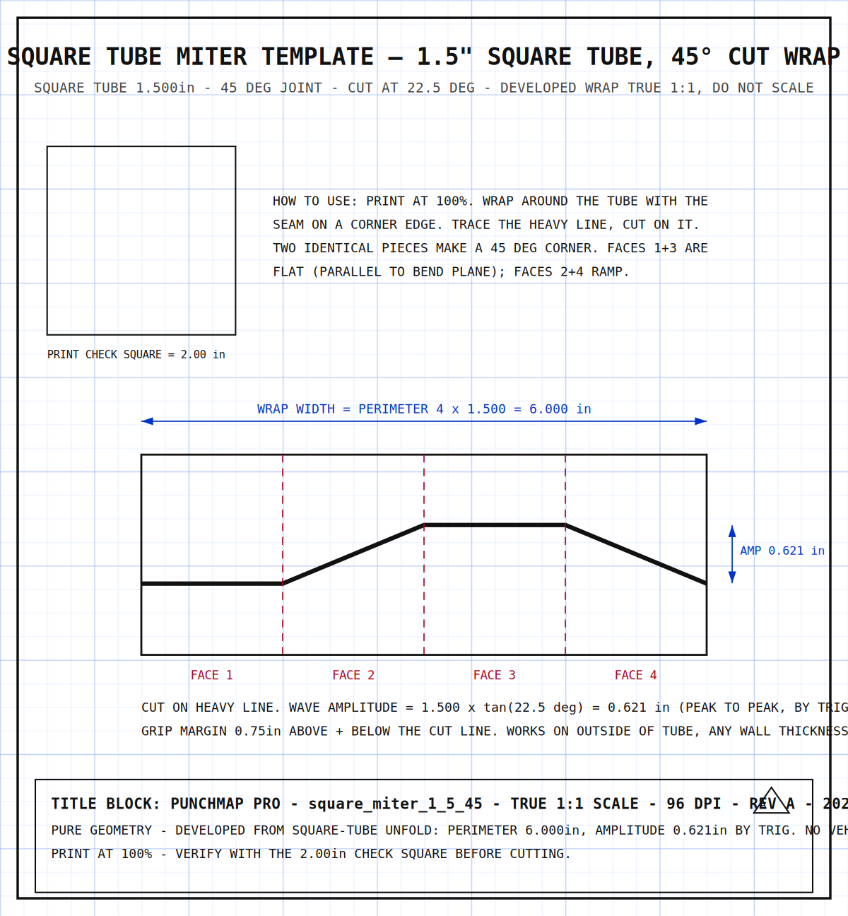 Square Tube Miter Template — 1.5" Square Tube, 45° Cut Wrap